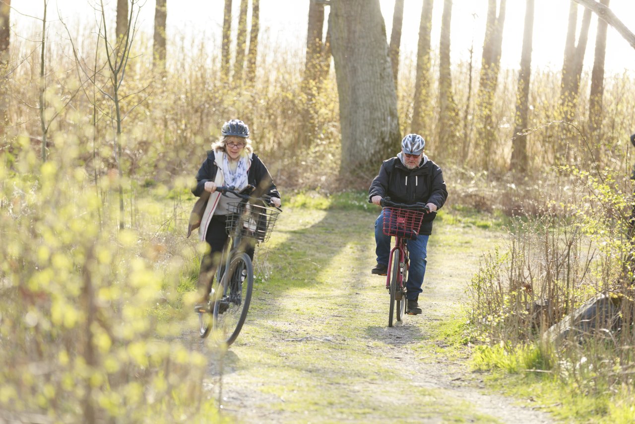 Man och kvinna cyklar på skogsväg
