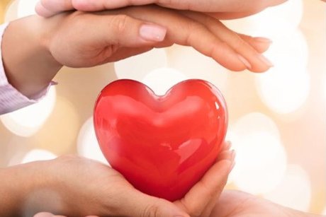 Rött plasthjärta som hålls av två par händer