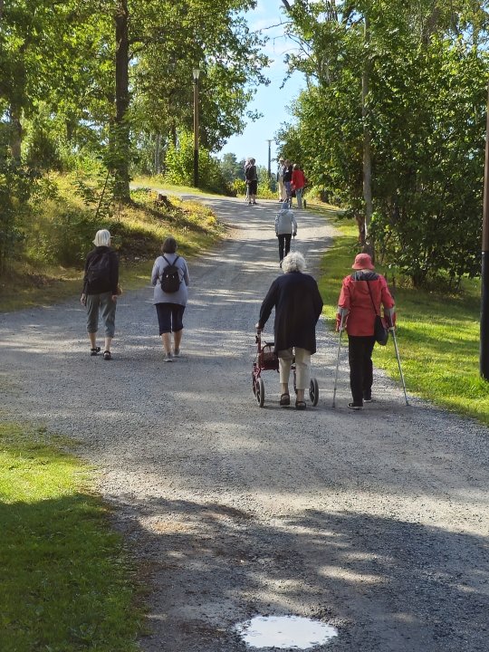 Seniorer promenerar uppför en grusad väg på landet
