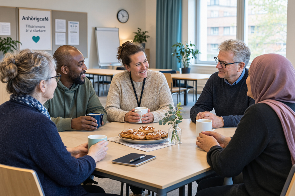 En grupp människor som sitter runt ett bord och fikar och pratar.